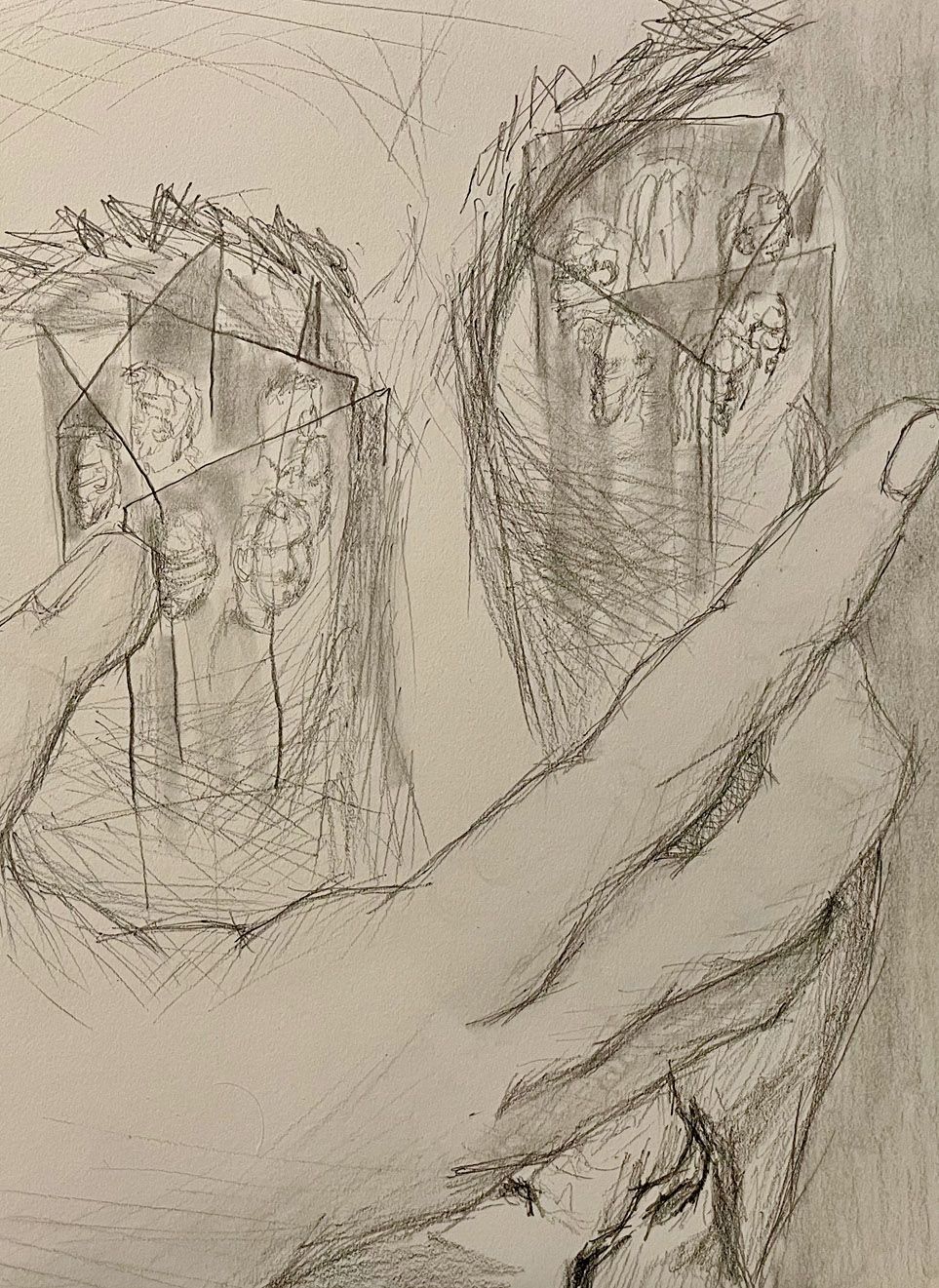 the eyes of a face are replaced with a series of overlapping panels depicting different archetypes